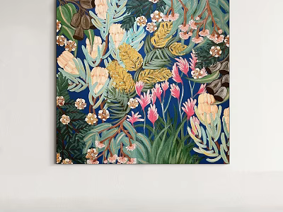 Vibrant Floral Oil Painting With Blue Background Yellow Pink White Flowers And Green Leaves 3d model