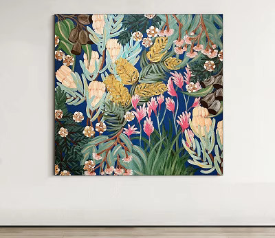 Vibrant Floral Oil Painting With Blue Background Yellow Pink White Flowers And Green Leaves 3d model