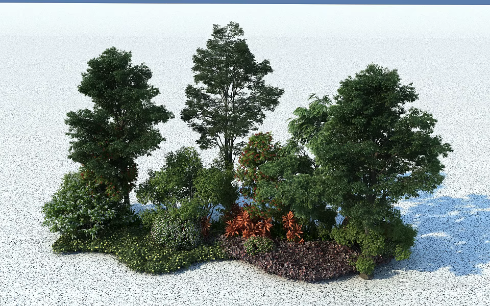 Mixed Landscape Plants Featuring Green Trees Reddish Shrubs And Lush Foliage On Light Ground 3d model 