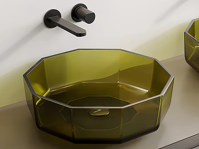 Sleek Octagonal Green Transparent Glass Washbasin With Modern Wall-Mounted Faucet Design 3d model