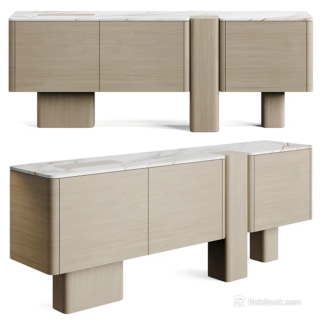 Sleek Modern Console Cabinet Sideboard With Natural Wood Finish And Marble Top Storage Design 3d model 