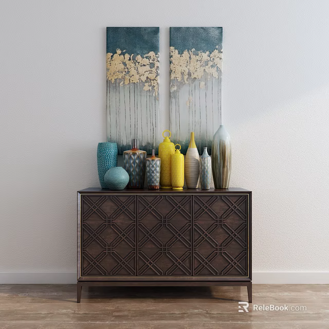 Dark Geometric Pattern Console Table With Decorative Vases And Wall Art Above 3d model