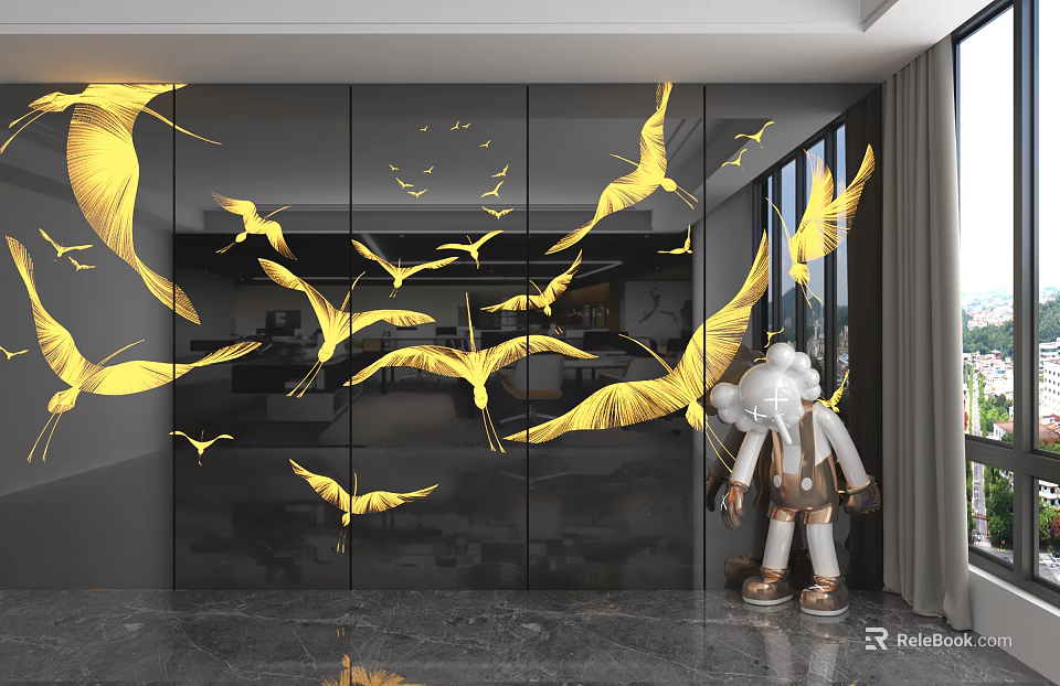 Modern Black Glass Background Wall With Golden Flying Cranes And White Doll 3d model 
