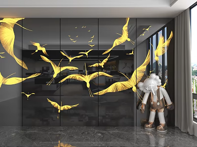 Modern Black Glass Background Wall With Golden Flying Cranes And White Doll 3d model