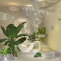Modern Commercial Equipment with Cloud Shaped Decor Green Plants and White Display Stand for Product Showcase