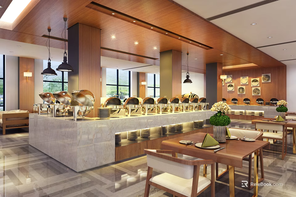 Restaurant Interior With Buffet Counter Marble Top Wooden Decor And Hanging Lights 3d model 