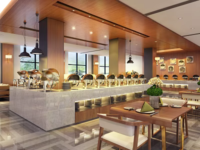 Restaurant Interior With Buffet Counter Marble Top Wooden Decor And Hanging Lights 3d model