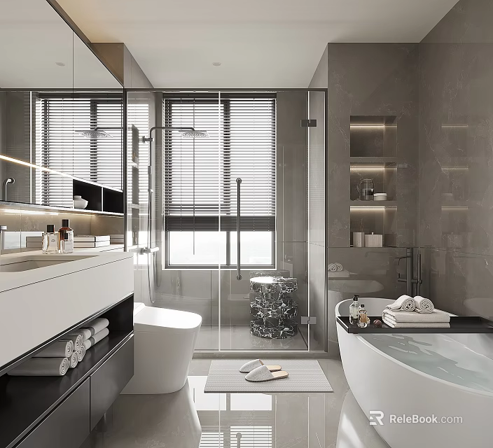 Modern Bright Luxury Bathroom Interior With Freestanding Bathtub And Clear Glass Shower Enclosure Design 3d model 
