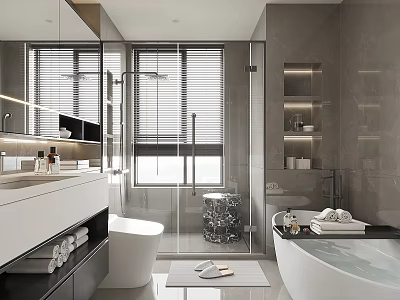 Modern Bright Luxury Bathroom Interior With Freestanding Bathtub And Clear Glass Shower Enclosure Design 3d model