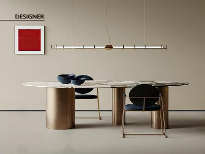 Modern Dining Table Set With Marble Top Brass Legs Black Chairs And Linear Pendant Light 3d model