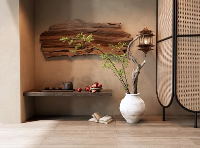 Quiet Style Vase Ornaments Combination End Scenery Fruit Pomegranate Wall Decorations Pendant Rattan Screen Bench 3d model