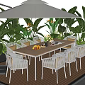 Outdoor Wooden Table With White Umbrella And Wicker Chairs In Garden With Green Plants