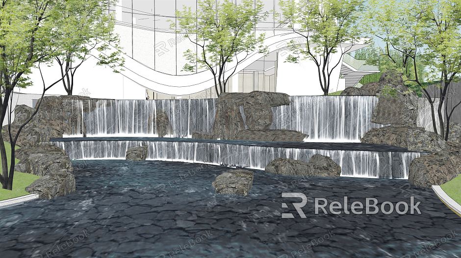 Modern Garden Landscape Water Falling Waterscape Landscape Rock Stone Stone Block Group model