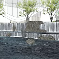 Rockery Stones with Cascading Waterfall and Reflecting Pool Surrounded by Green Trees and Modern Architecture