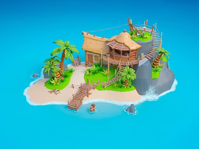 Cartoon Island Scene With Thatched Hut Palm Trees Wooden Bridge Rocks And Sea Water 3d model