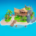 Cartoon Island Scene With Thatched Hut Palm Trees Wooden Bridge Rocks And Sea Water
