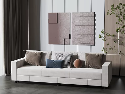 Beige Three Seater Sofa With Brown Gray Blue Pillows And Wall Art In Living Room 3d model