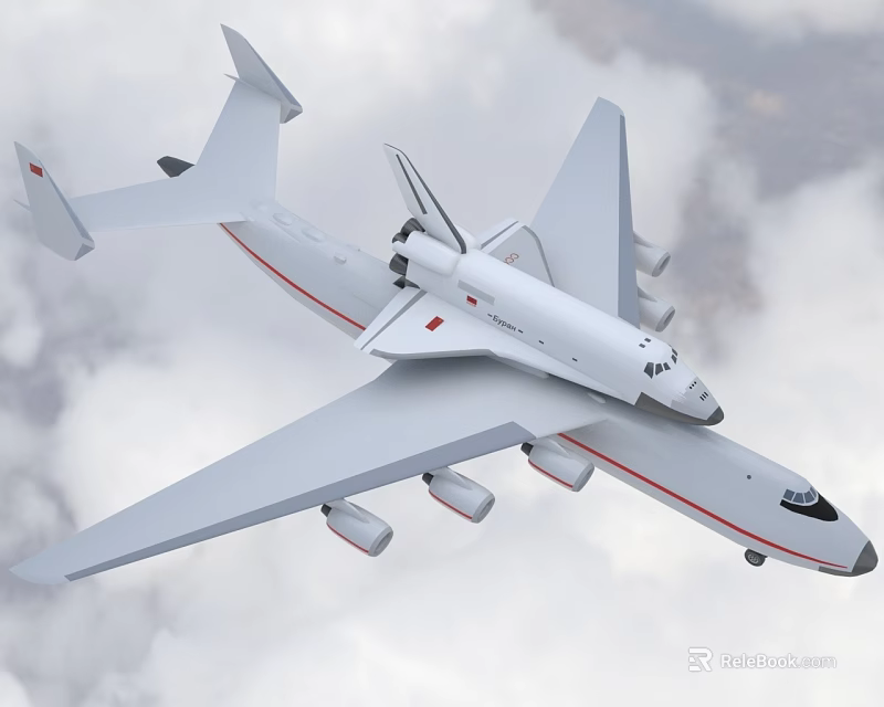White Passenger Plane Flying In Clouds With Red Stripes And Multiple Engines 3d model