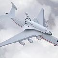 White Passenger Plane Flying In Clouds With Red Stripes And Multiple Engines 3d model
