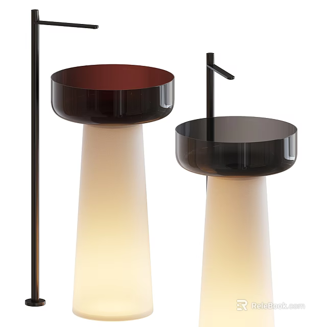 Two Dark Brown And Black Modern Washbasins With Light Colored Pedestal And Black Faucet 3d model 