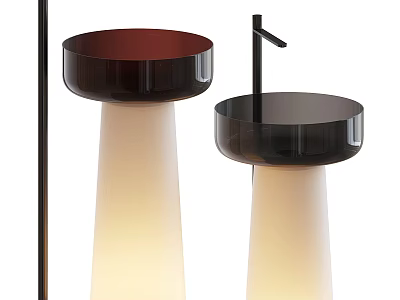 Two Dark Brown And Black Modern Washbasins With Light Colored Pedestal And Black Faucet 3d model