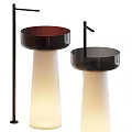 Two Dark Brown And Black Modern Washbasins With Light Colored Pedestal And Black Faucet
