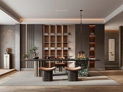 Serene Tea Room Interior With Wooden Bookshelves Marble Tea Table Hanging Lamp And Potted Plants 3d model