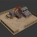 3D Model Scene of Wooden Fenced Sandy Area With Buildings And Mechanical Structure