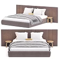 Modern Double Bed With Upholstered Headboard Striped Blanket And Wooden Side Tables