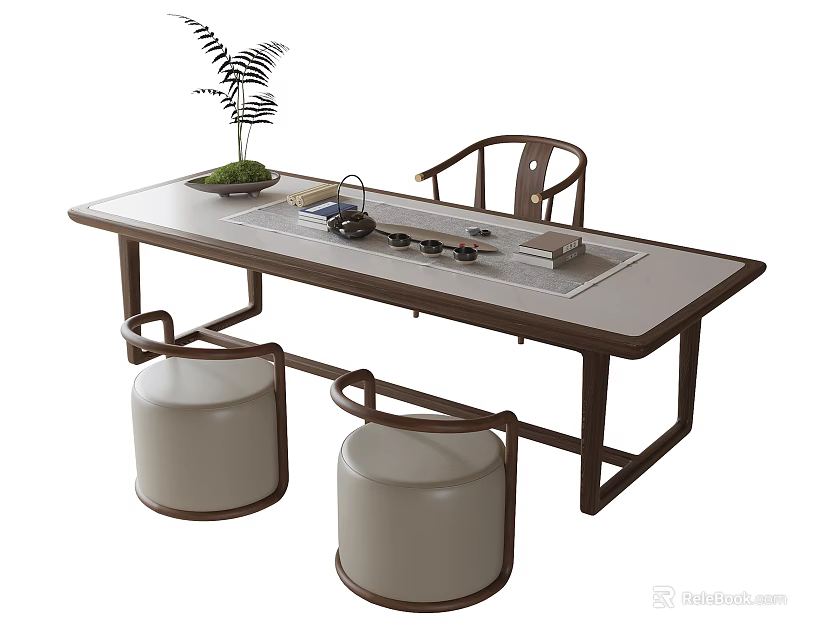 Modern Wooden Tea Table and Chairs with Tea Set Small Potted Plant and Stools 3d model 
