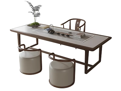 Modern Wooden Tea Table and Chairs with Tea Set Small Potted Plant and Stools 3d model
