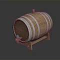 Traditional Wooden Barrel With Silver Metal Hoops On Wooden Stand And Brass Tap