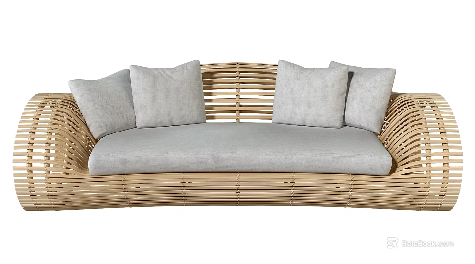 Natural Wicker Outdoor Sofa With Light Gray Cushions And Comfortable Design 3d model 