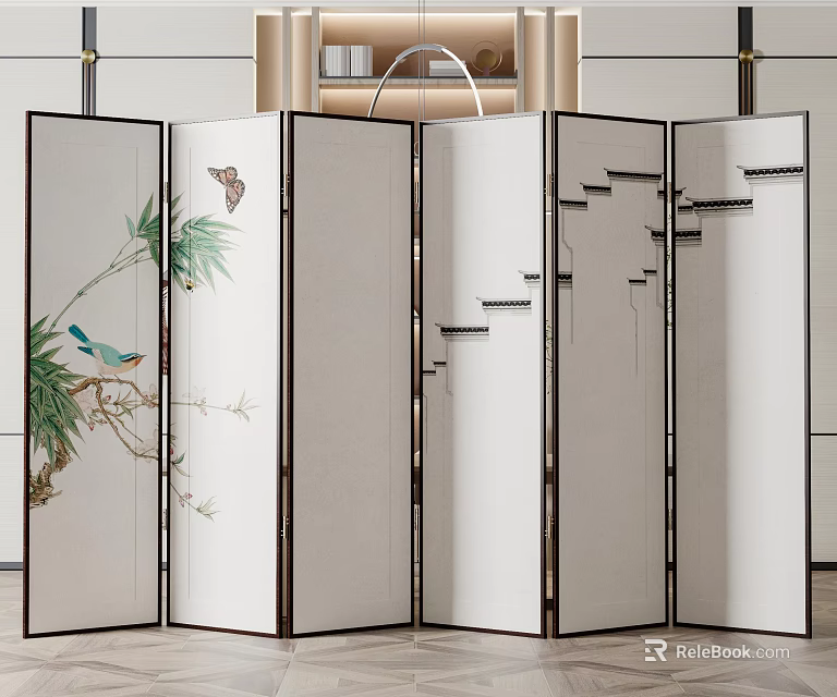Elegant Folding Screen With Butterfly Bird And Bamboo Patterns In Modern Interior 3d model