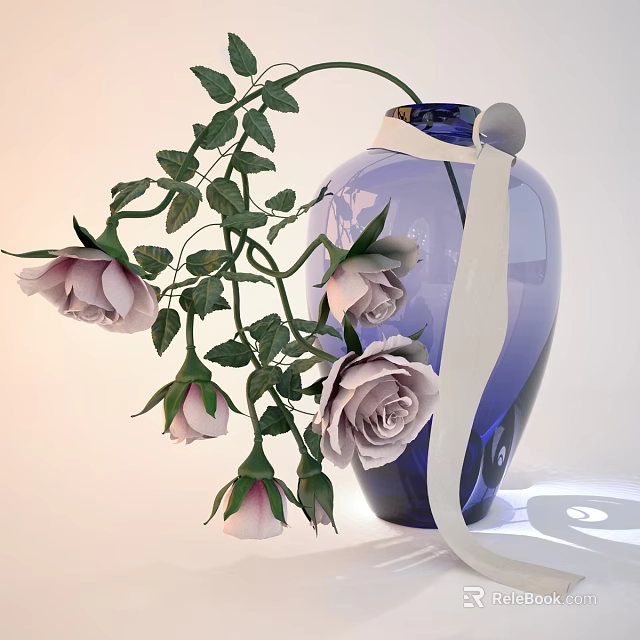 Elegant Blue Vase With Pink Roses Green Leaves And White Ribbon 3d model 