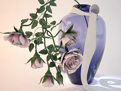 Elegant Blue Vase With Pink Roses Green Leaves And White Ribbon 3d model