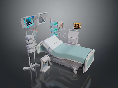 Medical Hospital Bed Setup With Monitor IV Stand And Side Table 3d model
