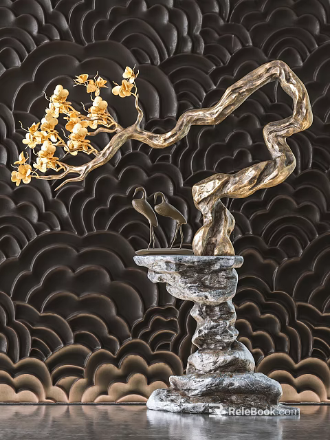 Bonsai Plant With Golden Branches Blossoms And Crane Figures On Stone Base Dark Cloud Background 3d model 
