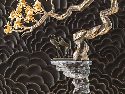 Bonsai Plant With Golden Branches Blossoms And Crane Figures On Stone Base Dark Cloud Background 3d model