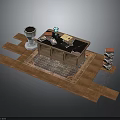 Stylish Wooden Desk Furniture With Patterned Rug Green Lamp Desk Stationery And Stack Of Books