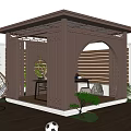 Wooden Landscape Pavilion With Arched Openwork Design Wooden Deck Small Plants And Hanging Chair