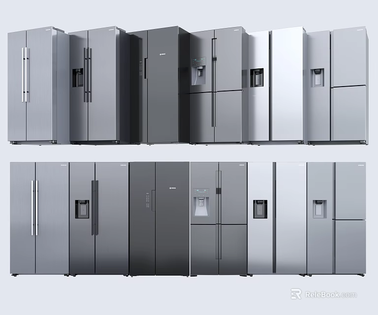 Various Modern Refrigerators and Freezers With Different Door Styles And Color Options 3d model 