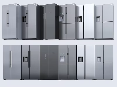 Various Modern Refrigerators and Freezers With Different Door Styles And Color Options 3d model