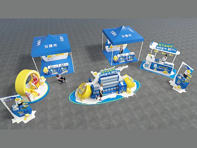 Professional Commercial Equipment with Blue Tent Style Booths Yellow Decorations and Display Stands 3d model