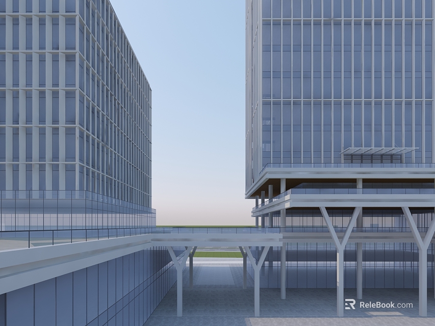 Aerial Planning Of Modern Urban Buildings With Glass Curtain Walls And Connecting Corridor 3d model 