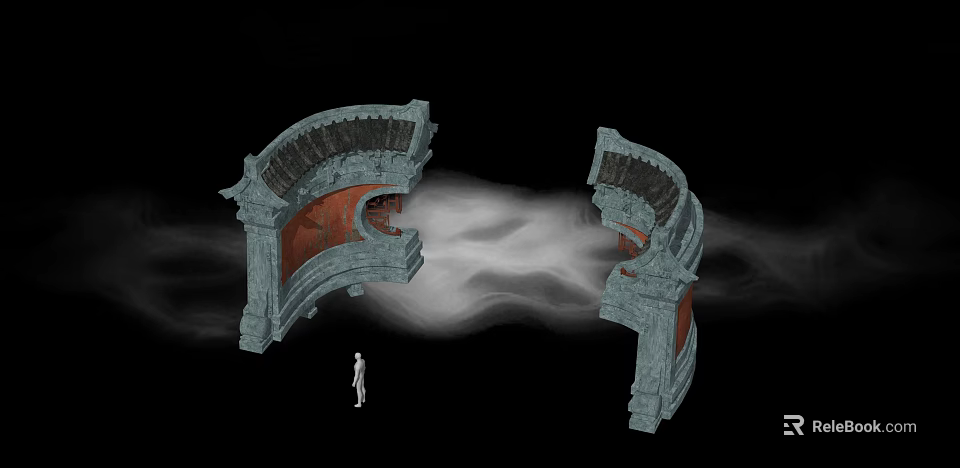 Building Facade With Arched Stone Design Red Inner Panels Mist Effect And Small Human Figure 3d model 