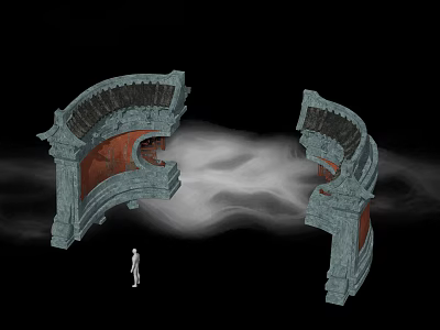 Building Facade With Arched Stone Design Red Inner Panels Mist Effect And Small Human Figure 3d model