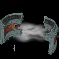 Building Facade With Arched Stone Design Red Inner Panels Mist Effect And Small Human Figure
