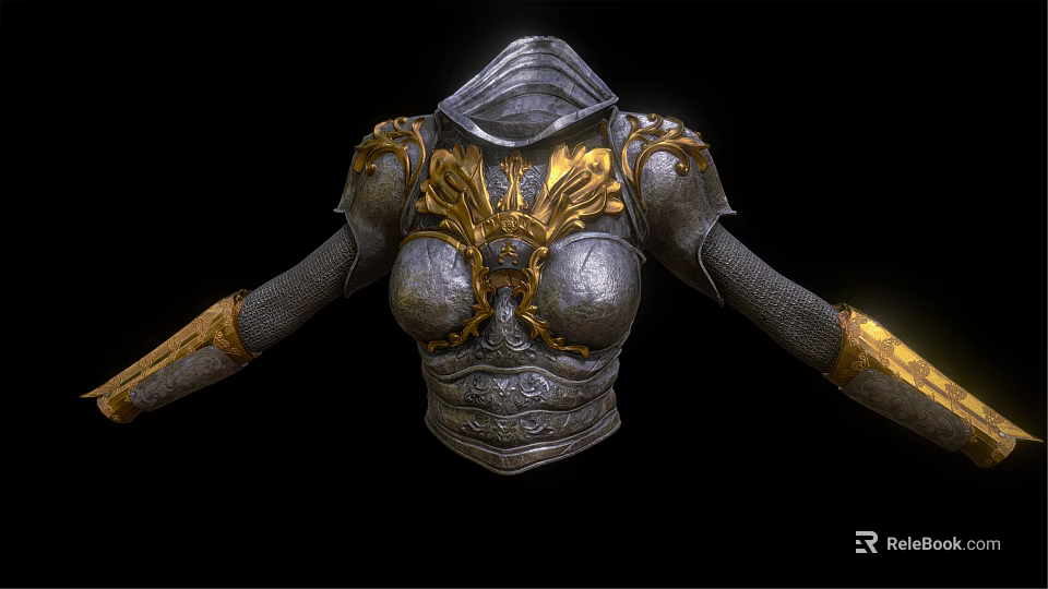 Ornate Medieval Armor With Silver Chest Plate Gold Dragon Decorations And Shoulder Guards 3d model 
