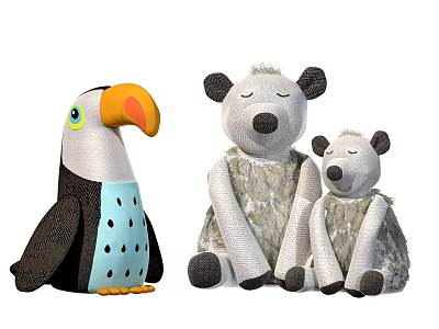 Cute Stuffed Toys Collection Featuring Toucan and Mother Baby Bears with Soft Plush Material 3d model
